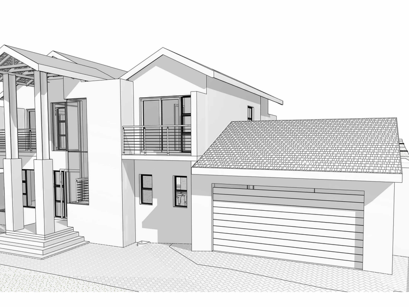 A 3D architectural rendering of a modern double-story house featuring a double garage, balcony, and paved driveway.