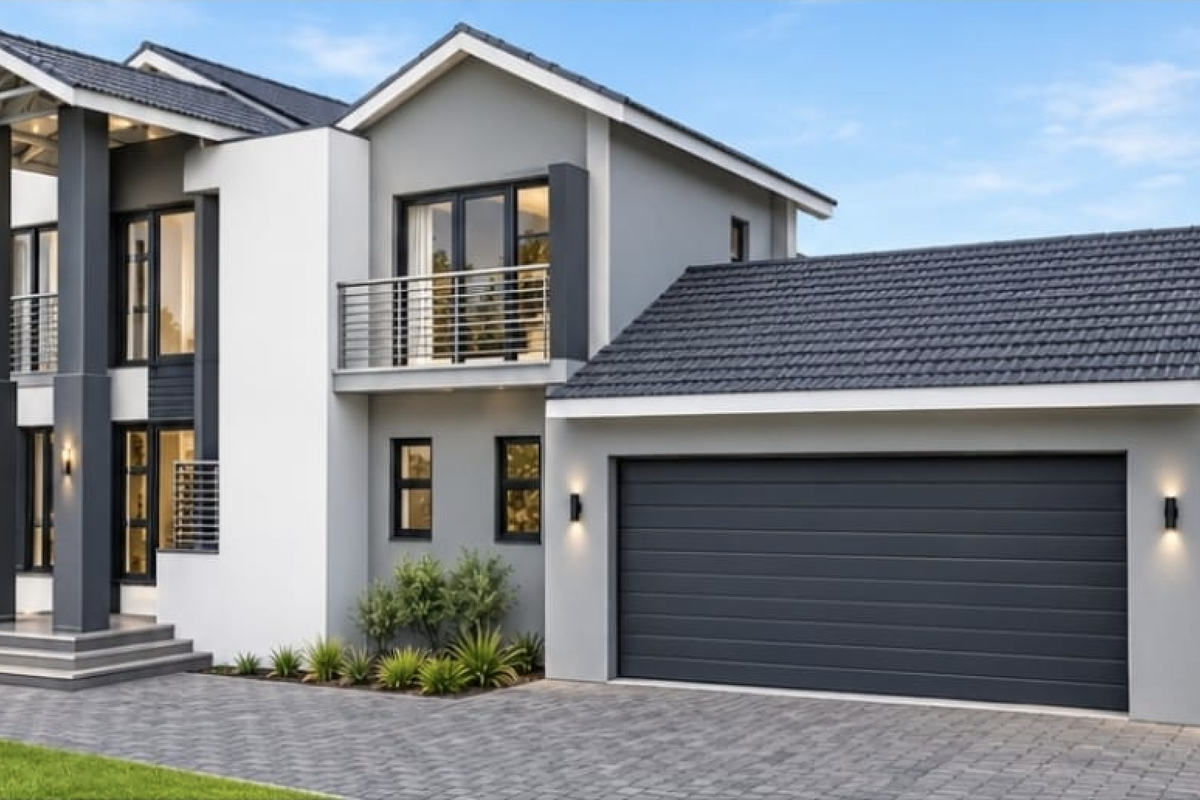 Modern double-story residential home featuring a contemporary facade, tiled roof, integrated double garage, and a paved driveway.