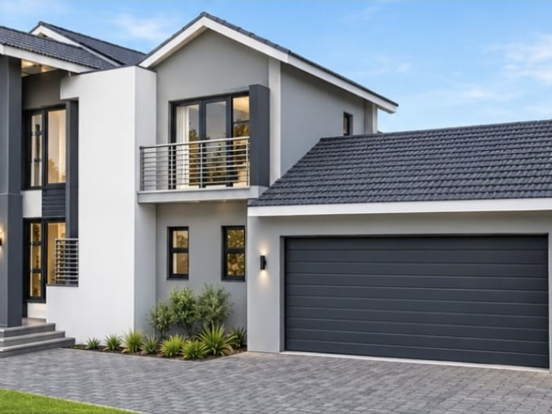 Modern double-story residential home featuring a contemporary facade, tiled roof, integrated double garage, and a paved driveway.