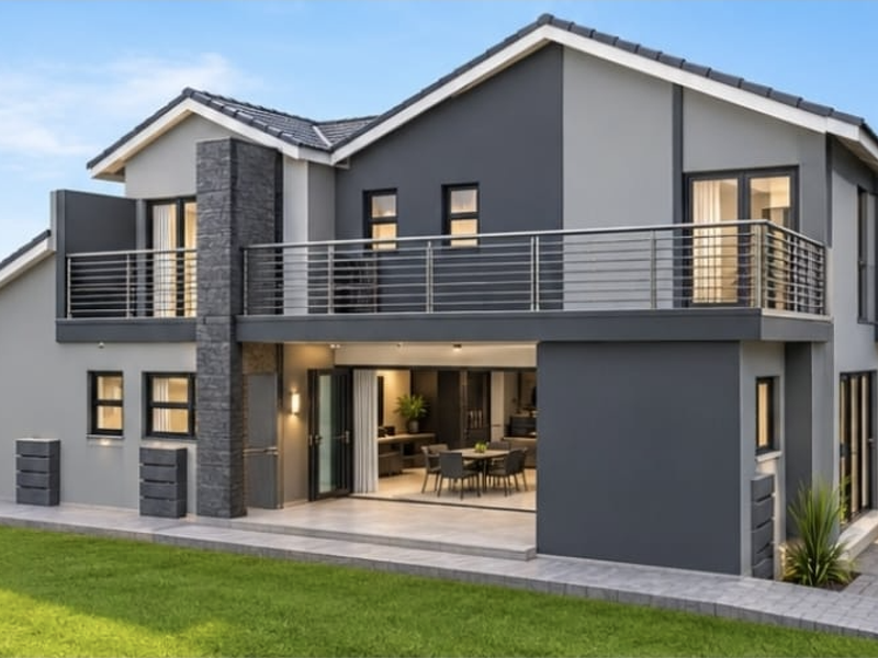 Modern double-story rear elevation featuring a spacious balcony, stone-clad chimney detail, paved patio area, and well-maintained landscaped garden.