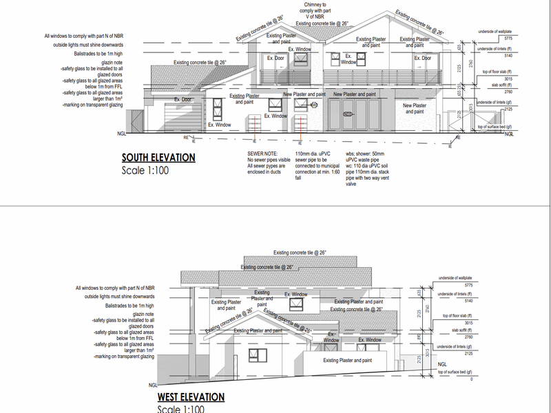 Architectural elevation drawings showing the South and West facades of the property, including material specifications and structural notes.