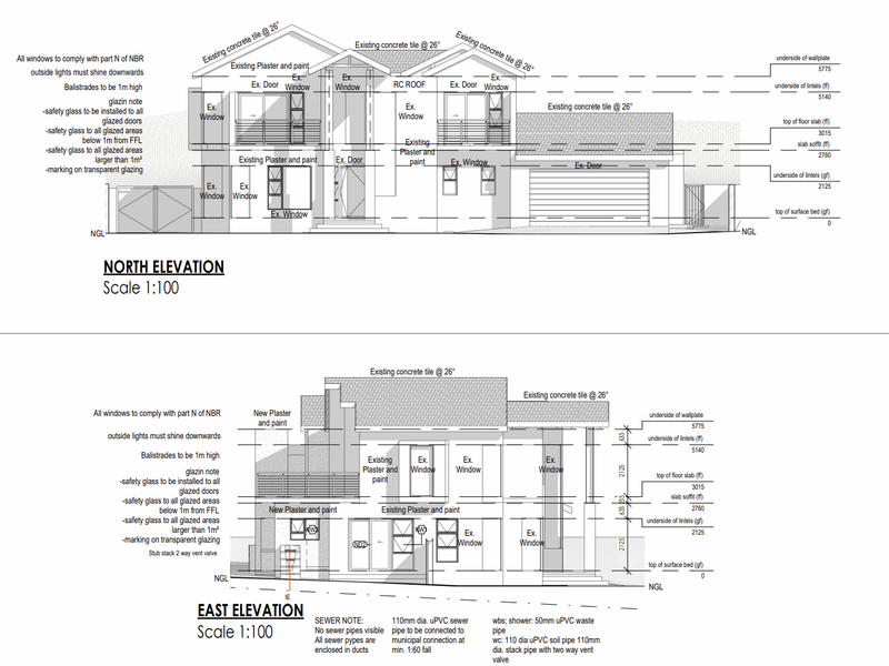 Architectural elevation drawings showing the north and east facades of the house, including construction specifications and material notes.
