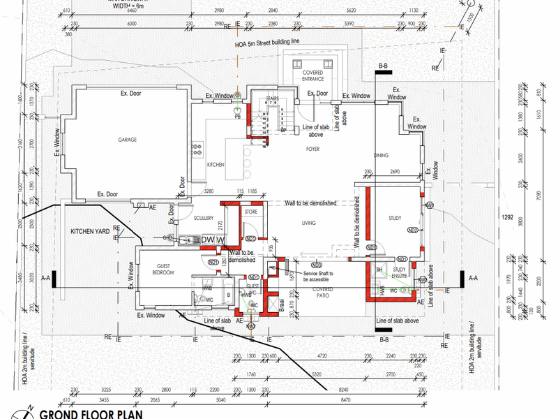 Architectural ground floor plan showing the layout of the kitchen, living areas, bedrooms, and proposed structural alterations.