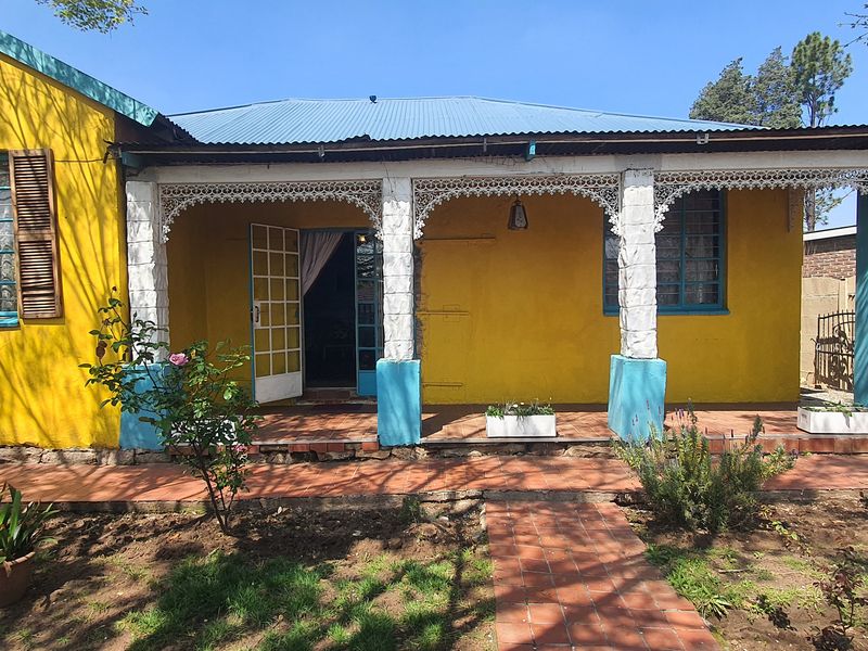 Rear view of a house featuring a covered patio with decorative ironwork, brick paving, and vibrant yellow exterior walls.