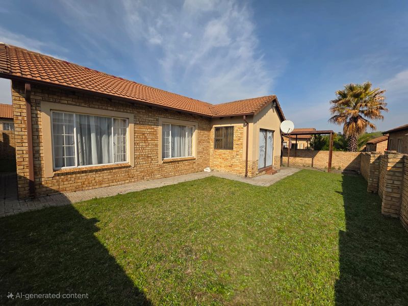 Rear view of a face brick townhouse featuring a private garden, paved walkway, and sliding door access to the main living area.