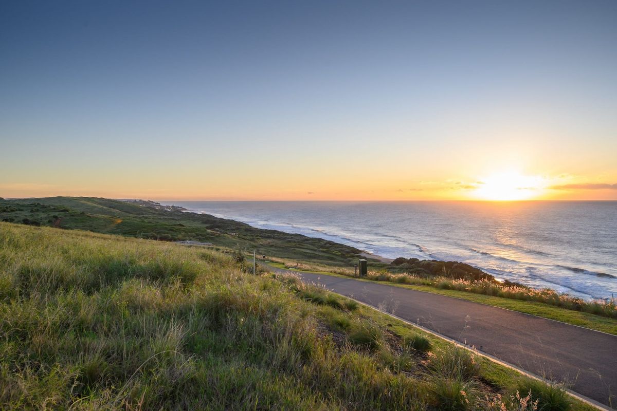 A scenic view of the coastline and ocean at sunset, featuring a paved road winding through the natural landscape.