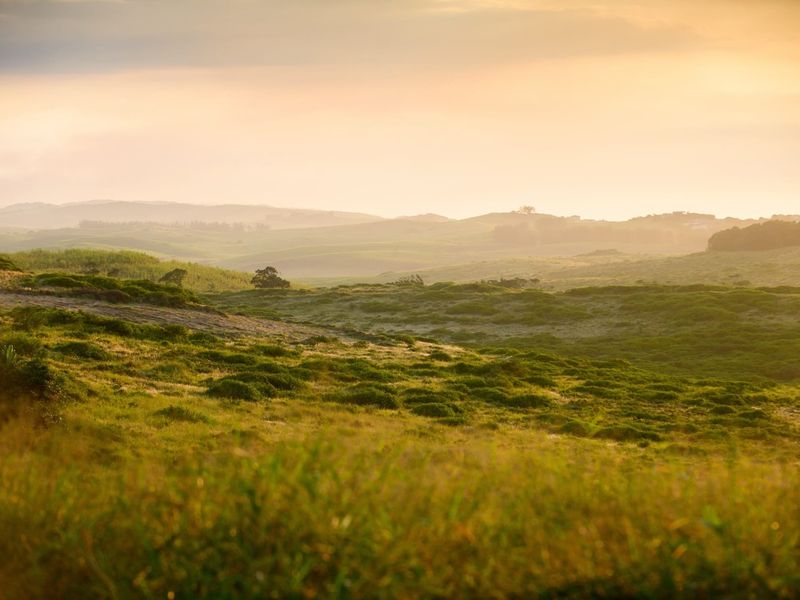 A scenic, elevated view of rolling green hills and natural landscape at sunset, showcasing the property's expansive outdoor surroundings.