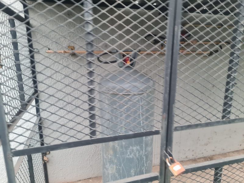 A secure outdoor utility cage housing a gas cylinder for the property.