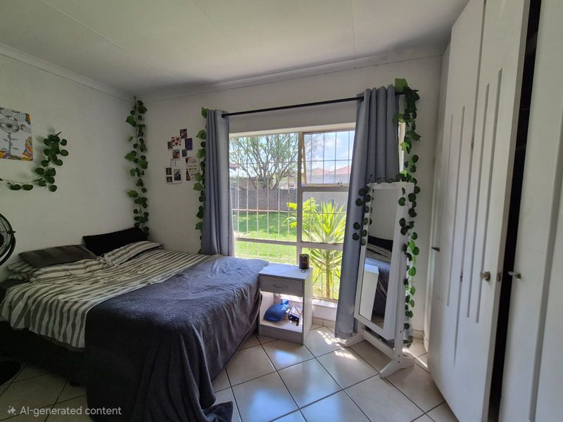 A bedroom featuring tiled flooring, a built-in wardrobe, and a large window with security bars overlooking the garden.