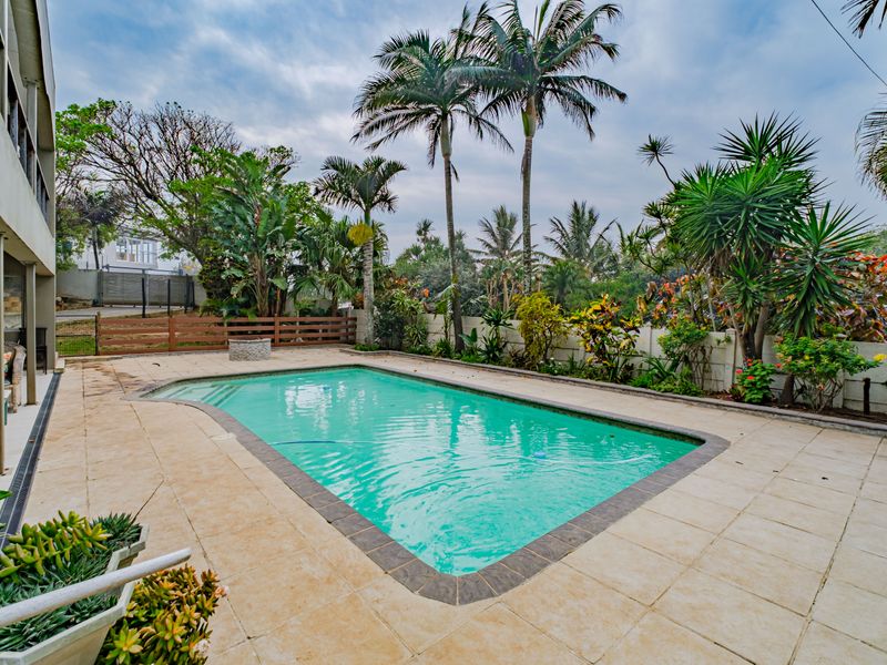 Outdoor pool area featuring a swimming pool with tiled surround, established tropical landscaping, and a timber boundary fence.