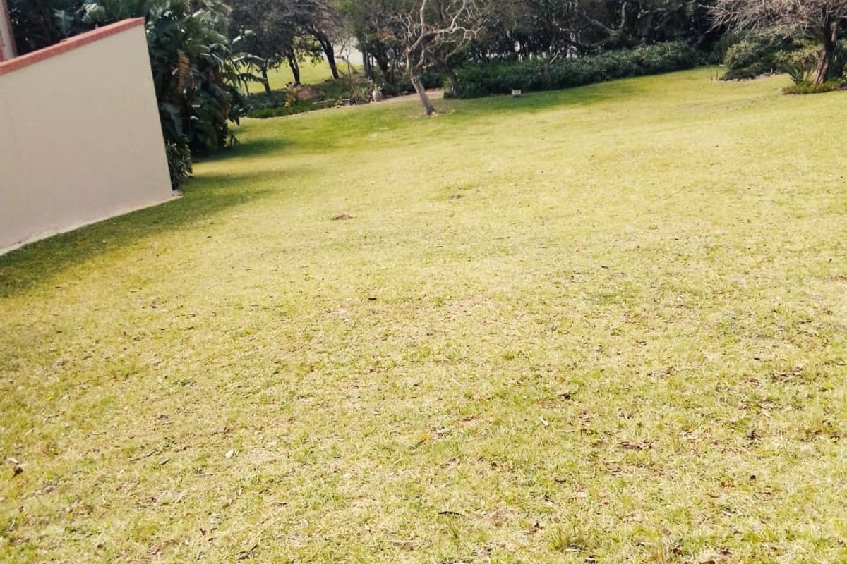 A spacious, well-maintained residential garden area featuring a gentle slope, established trees, and a retaining wall.