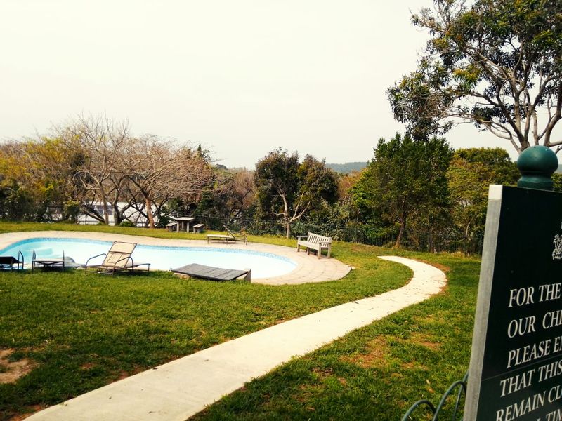 Outdoor pool area featuring a swimming pool, paved pathway, and surrounding lawn with established trees and perimeter fencing.