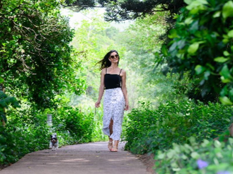 A scenic, well-maintained garden pathway surrounded by lush mature trees and established greenery, offering a peaceful outdoor walking area.