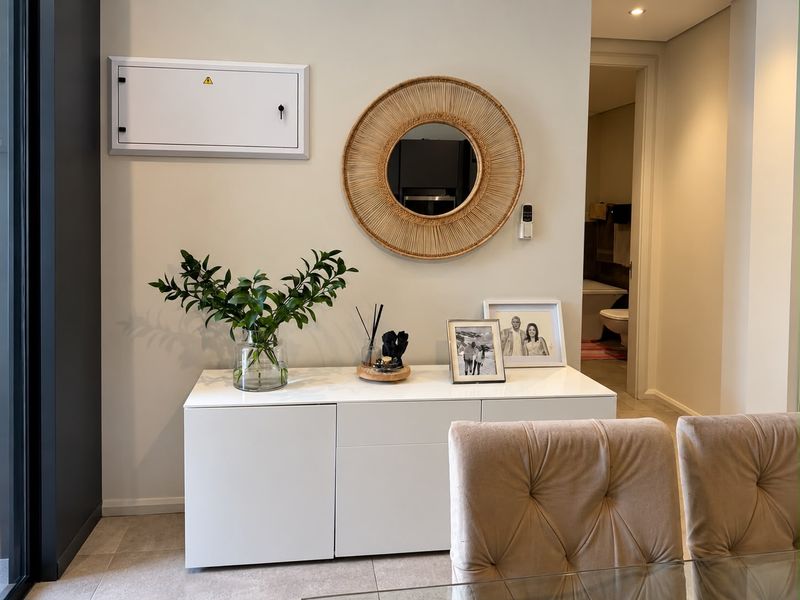 A well-maintained living area featuring neutral tiled flooring, recessed downlighting, and a wall-mounted electrical distribution board.