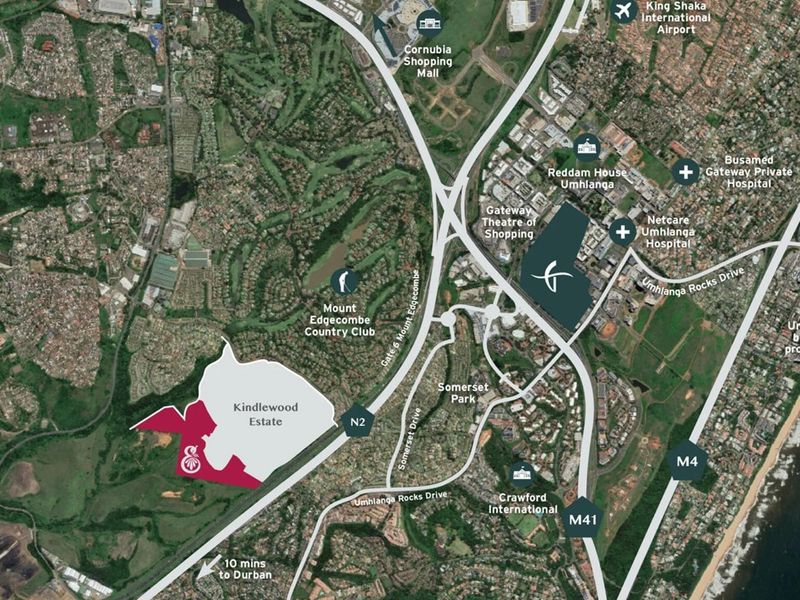An aerial map view showing the location of Kindlewood Estate in relation to local amenities, major roads, and the coastline.