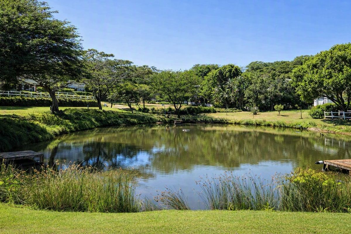 A scenic garden view featuring a tranquil pond, mature trees, manicured lawns, and wooden jetties, set within a well-maintained residential landscape.
