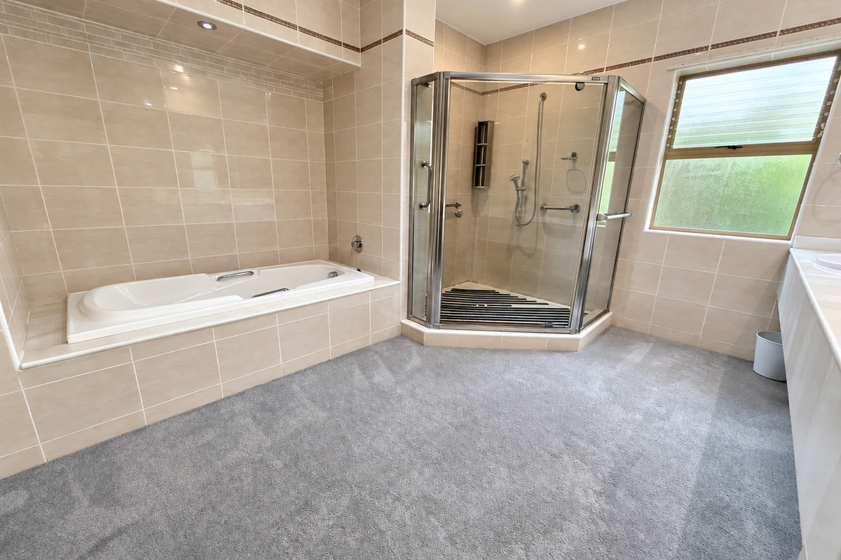 Spacious bathroom featuring a built-in bathtub, a corner shower enclosure, and neutral wall tiling, offering a clean and functional layout.
