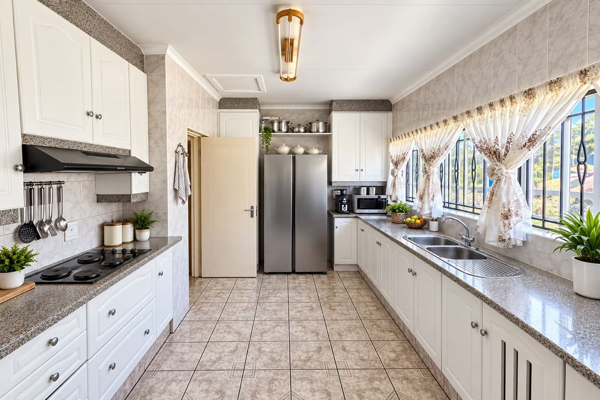 A well-maintained kitchen featuring white cabinetry, granite countertops, a gas hob with extractor, and tiled finishes throughout.