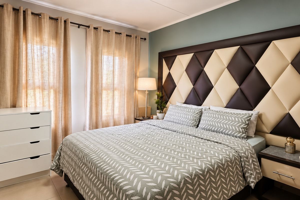 A well-maintained bedroom featuring neutral wall tones, tiled flooring, and window treatments.