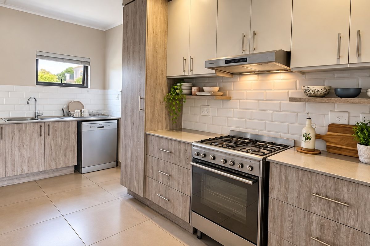 Modern kitchen featuring light wood-grain cabinetry, stone countertops, subway tile backsplash, and high-quality stainless steel appliances including a gas hob and extractor fan.