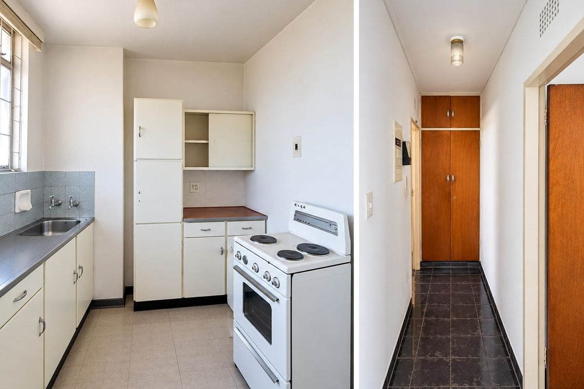 A split-view image showing a dated kitchen with original cabinetry and a hallway featuring built-in wooden storage cupboards and dark tiled flooring.