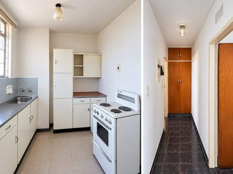A split-view image showing a dated kitchen with original cabinetry and a hallway featuring built-in wooden storage cupboards and dark tiled flooring.