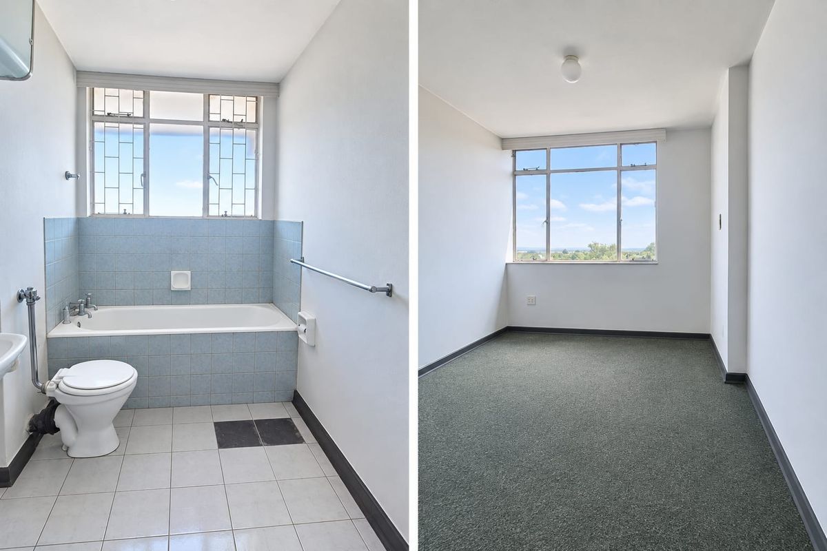 A composite image showing a bathroom with blue tiled bath surround and an empty bedroom with carpeted flooring and large window.