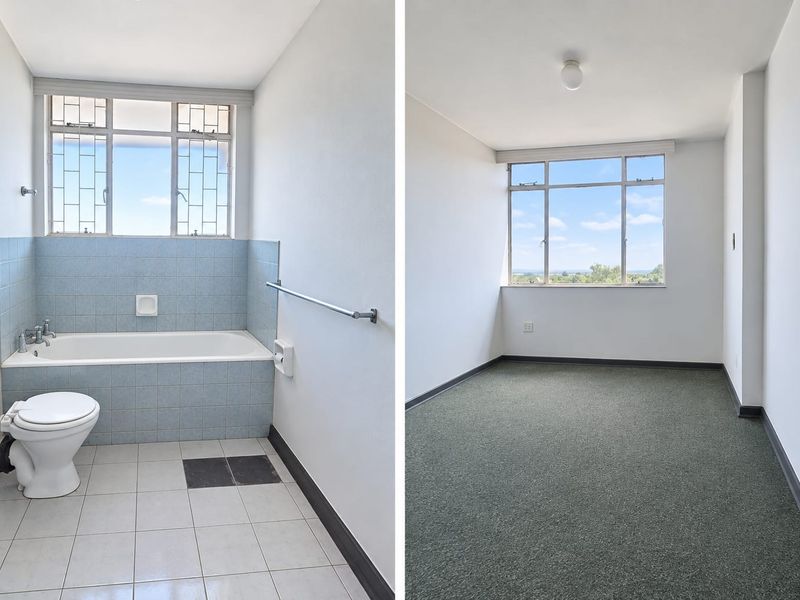 A composite image showing a bathroom with blue tiled bath surround and an empty bedroom with carpeted flooring and large window.