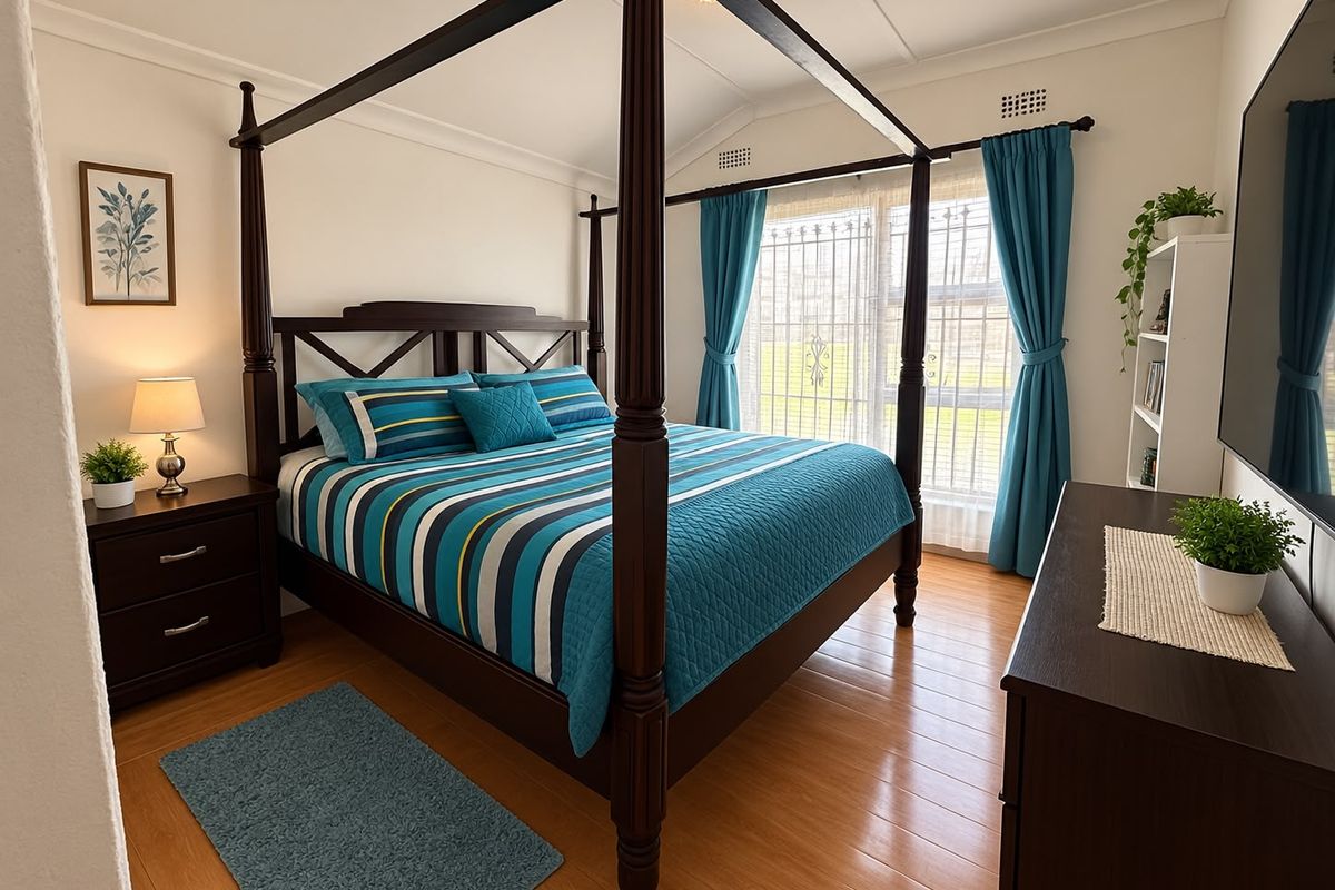 A well-maintained bedroom featuring laminate flooring, coved ceilings, and a large window with an integrated security gate.