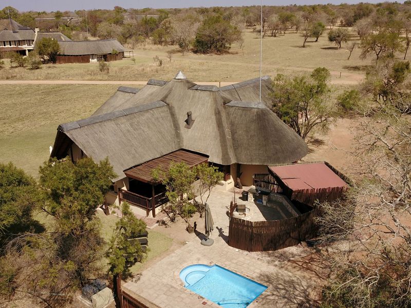Aerial view of a lodge property featuring a traditional thatched roof, private swimming pool, paved patio area, and surrounding natural bushveld landscape.