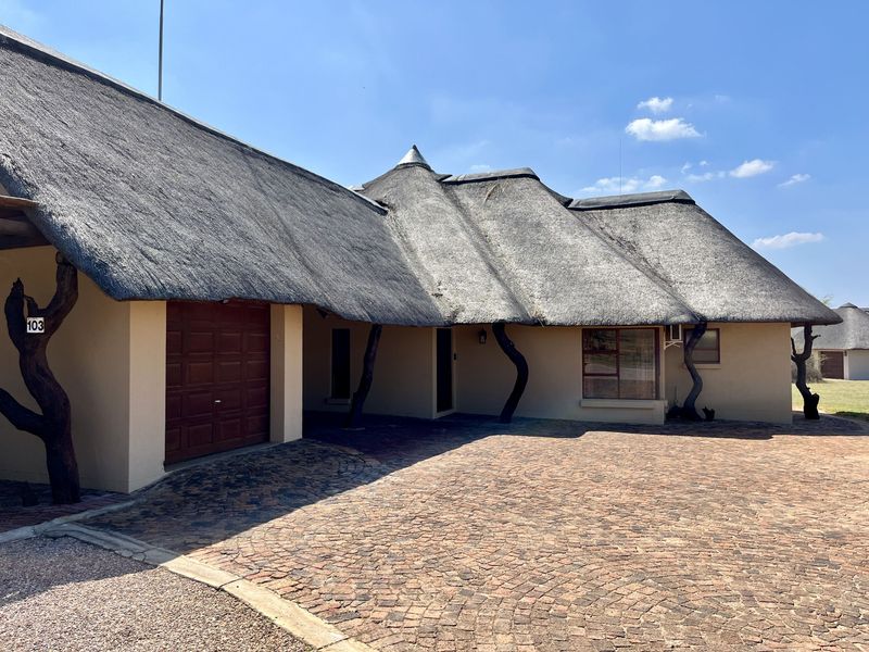Front elevation of a lodge featuring a traditional thatch roof, paved driveway, and integrated garage, showcasing a rustic architectural style.