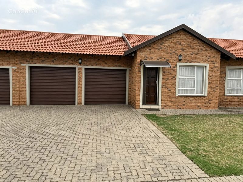 Front view of a townhouse featuring a double garage, brick exterior, tiled roof, and a paved driveway.