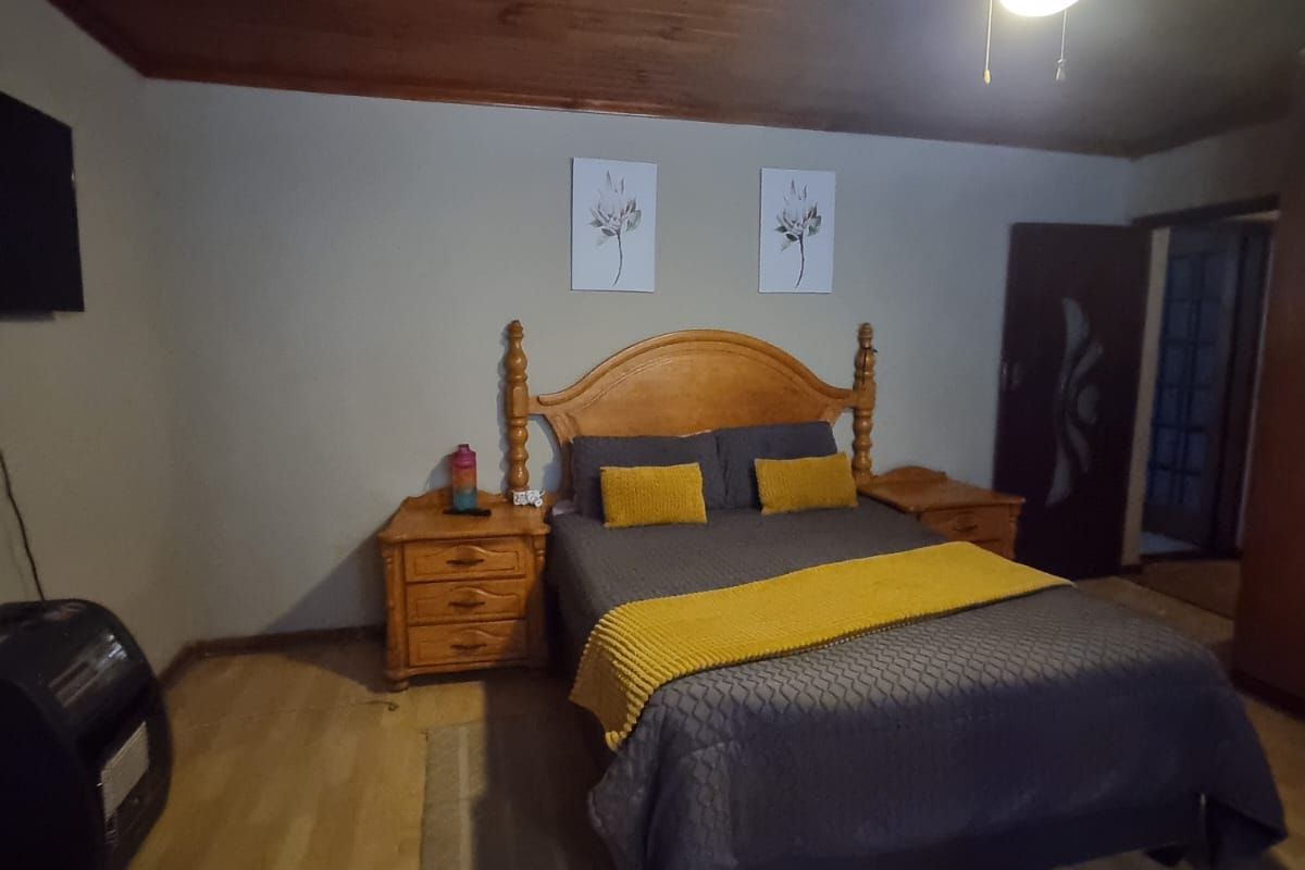 A bedroom featuring a timber-clad ceiling, ceiling fan, and laminate flooring.