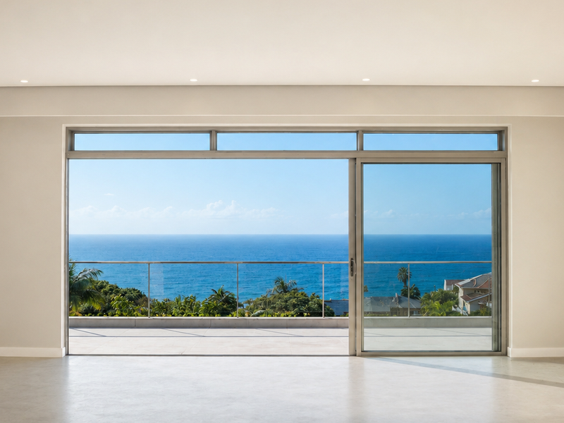 Spacious, modern living area featuring large sliding glass doors that open onto a balcony with expansive ocean views.