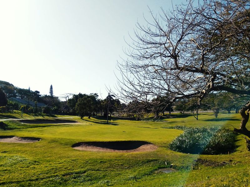 A scenic view overlooking a well-maintained golf course with sand bunkers and mature trees.