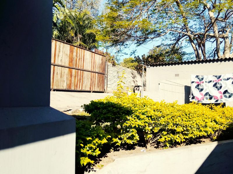 A view of the rear yard featuring a wooden sliding gate, brick boundary wall, and established garden landscaping.