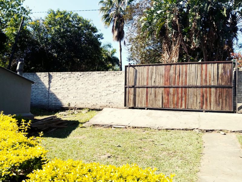 Rear garden area featuring a concrete driveway, a large sliding timber gate, and a brick boundary wall surrounded by mature trees.