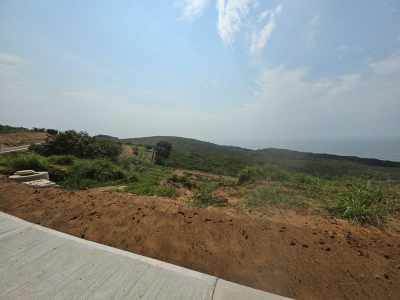 A wide-angle view of a vacant residential plot featuring natural coastal terrain, native vegetation, and distant ocean views.