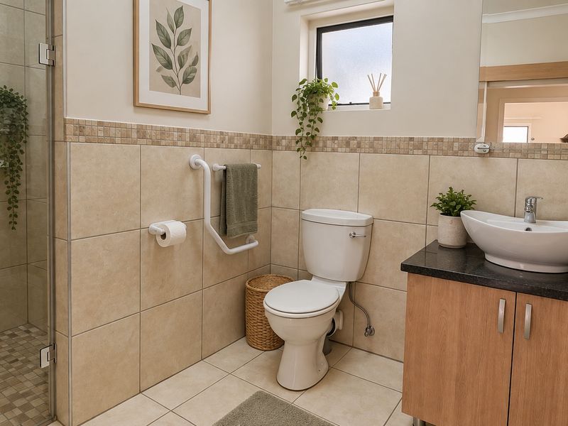 A well-maintained bathroom featuring a glass-enclosed shower, a modern vessel sink on a vanity cabinet, and neutral wall tiling.