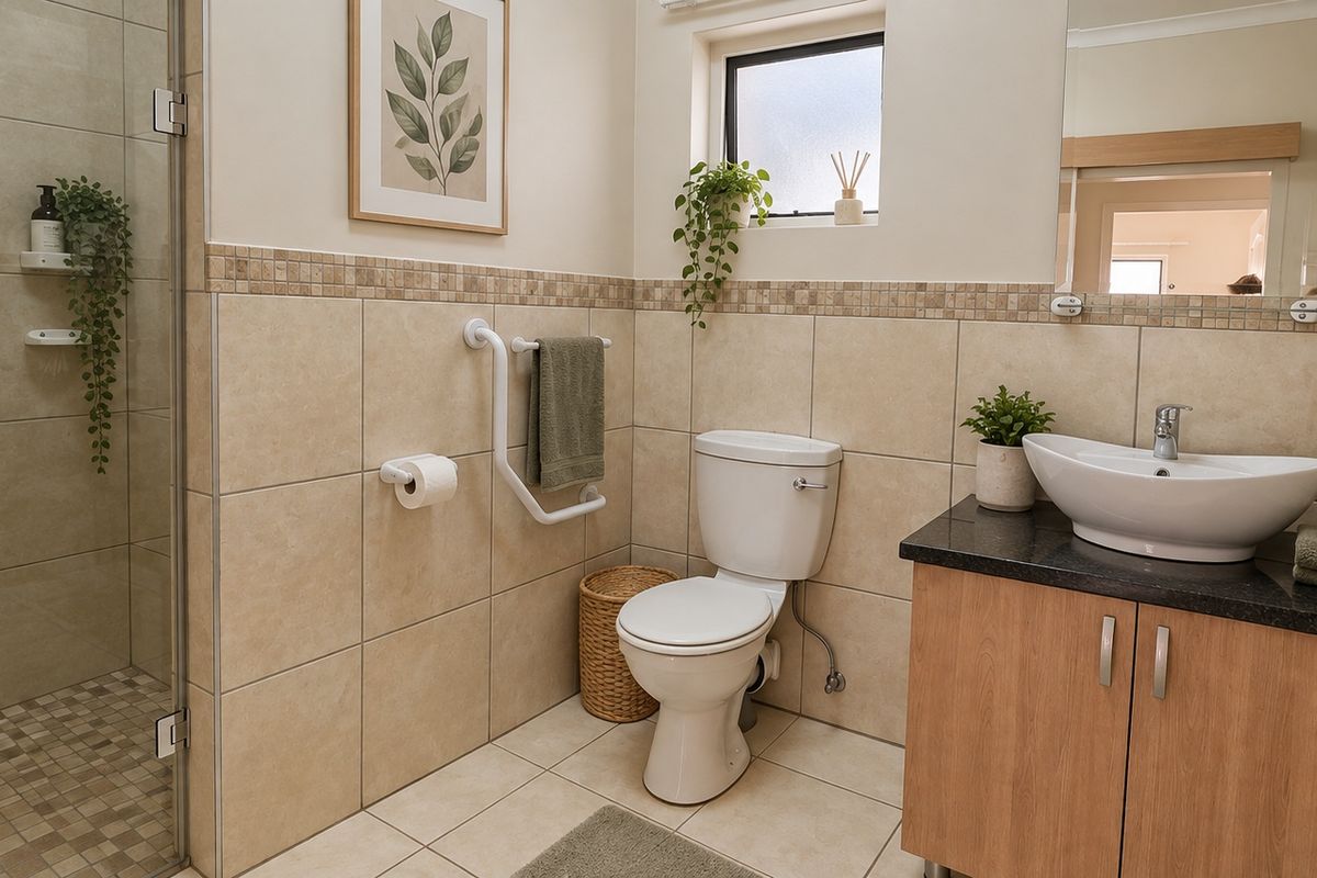 A well-maintained bathroom featuring a glass-enclosed shower, a modern vessel sink on a vanity cabinet, and neutral wall tiling.