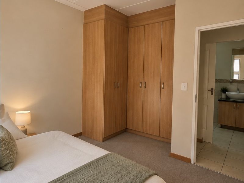 A well-maintained bedroom featuring neutral carpeting, built-in wooden cupboards, and direct access to an en-suite bathroom.