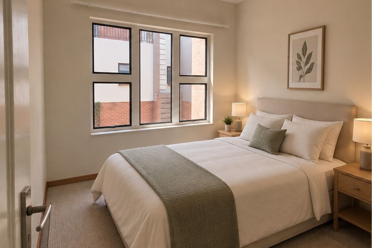 A well-maintained bedroom featuring neutral wall tones, carpeted flooring, and large aluminium-framed windows allowing for natural light.