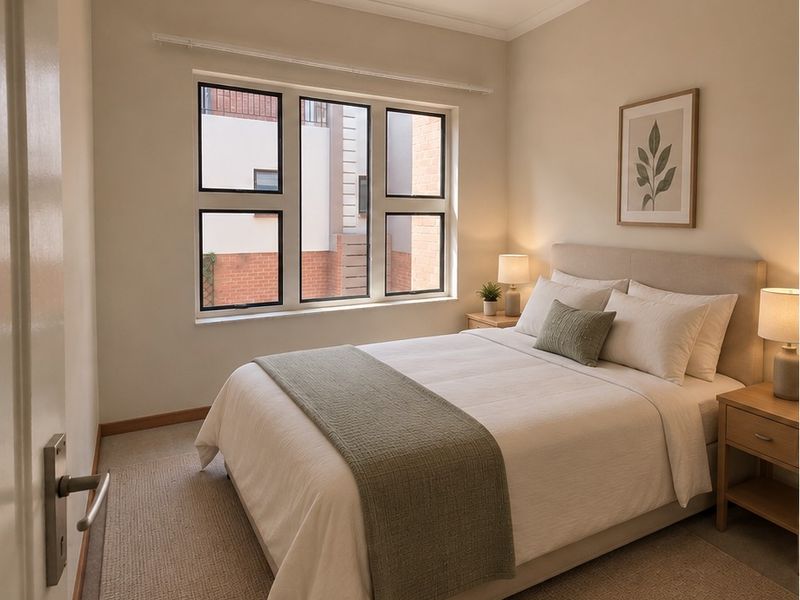 A well-maintained bedroom featuring neutral wall tones, carpeted flooring, and large aluminium-framed windows allowing for natural light.