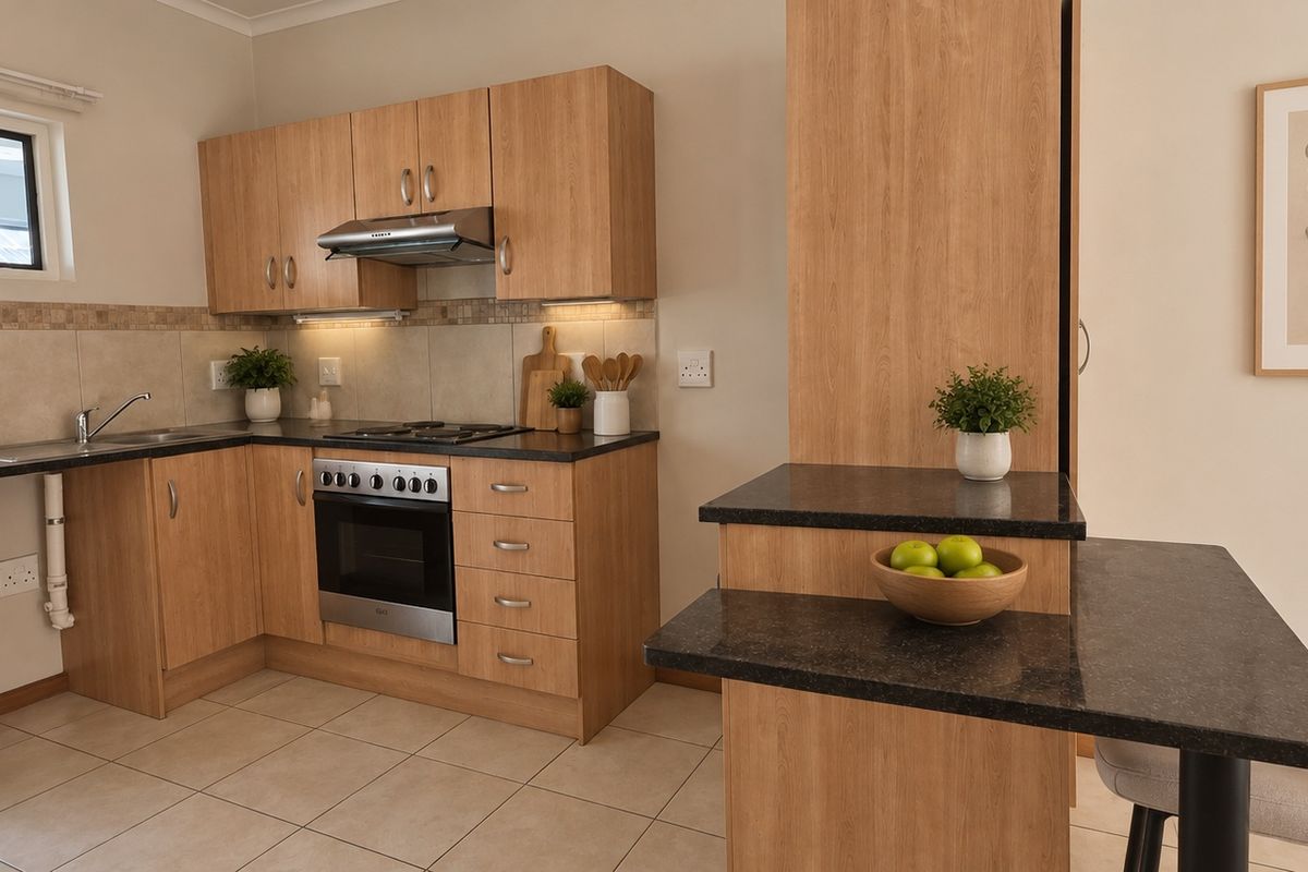 A functional kitchen featuring light wood-finish cabinetry, dark laminate countertops, a built-in oven with gas hob, and tiled flooring.