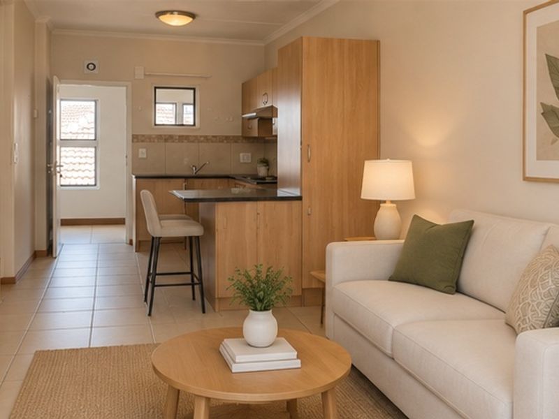 An open-plan living area featuring a functional kitchen with built-in cabinetry, laminate countertops, and tiled flooring, seamlessly connected to the lounge space.