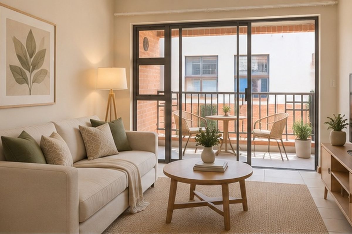 A bright and well-maintained living room featuring tiled flooring and large sliding glass doors that provide direct access to a private balcony.