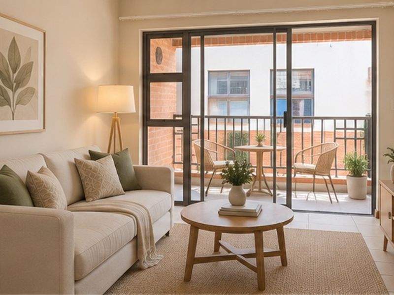 A bright and well-maintained living room featuring tiled flooring and large sliding glass doors that provide direct access to a private balcony.