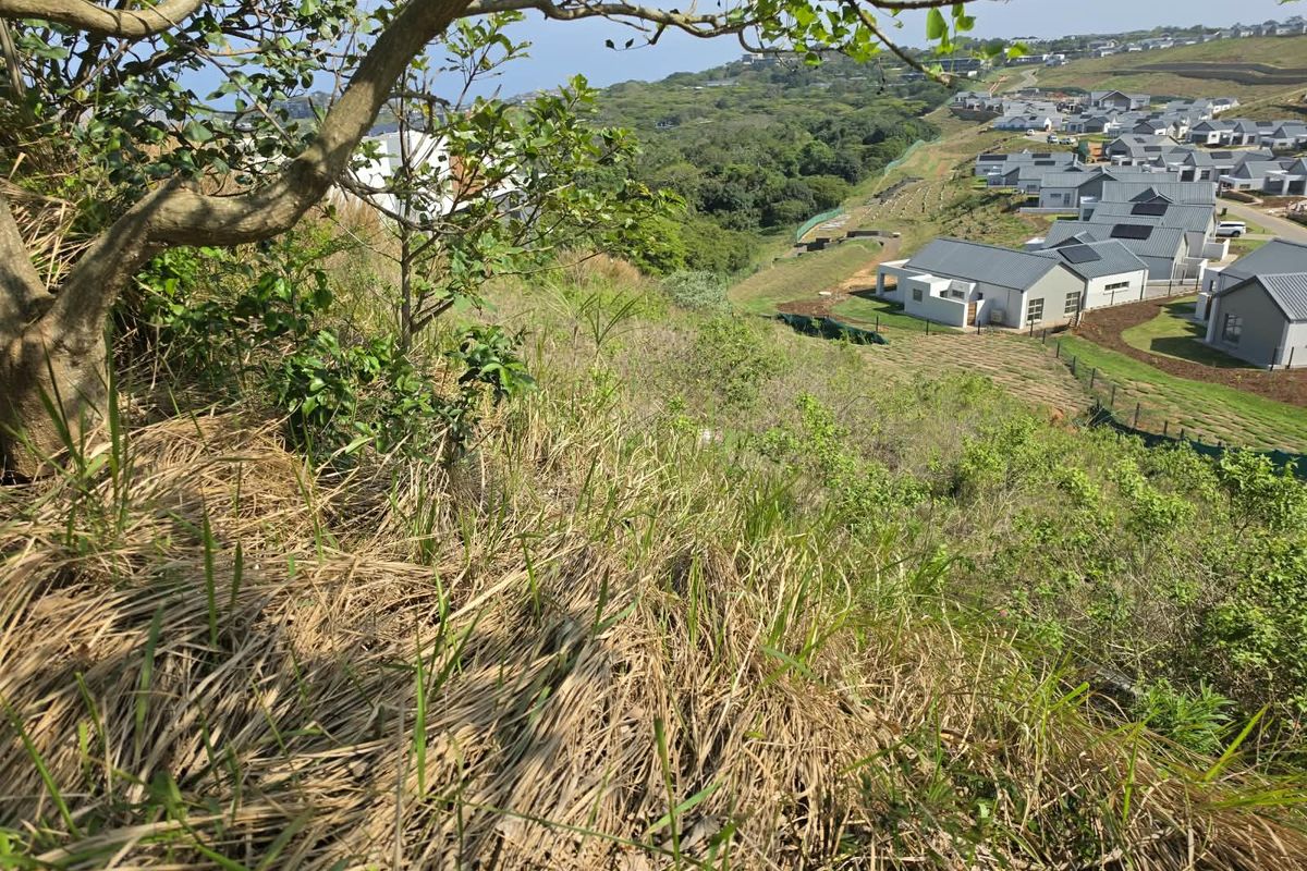 A view overlooking a sloped, undeveloped residential plot with natural vegetation, situated within a developed estate setting.