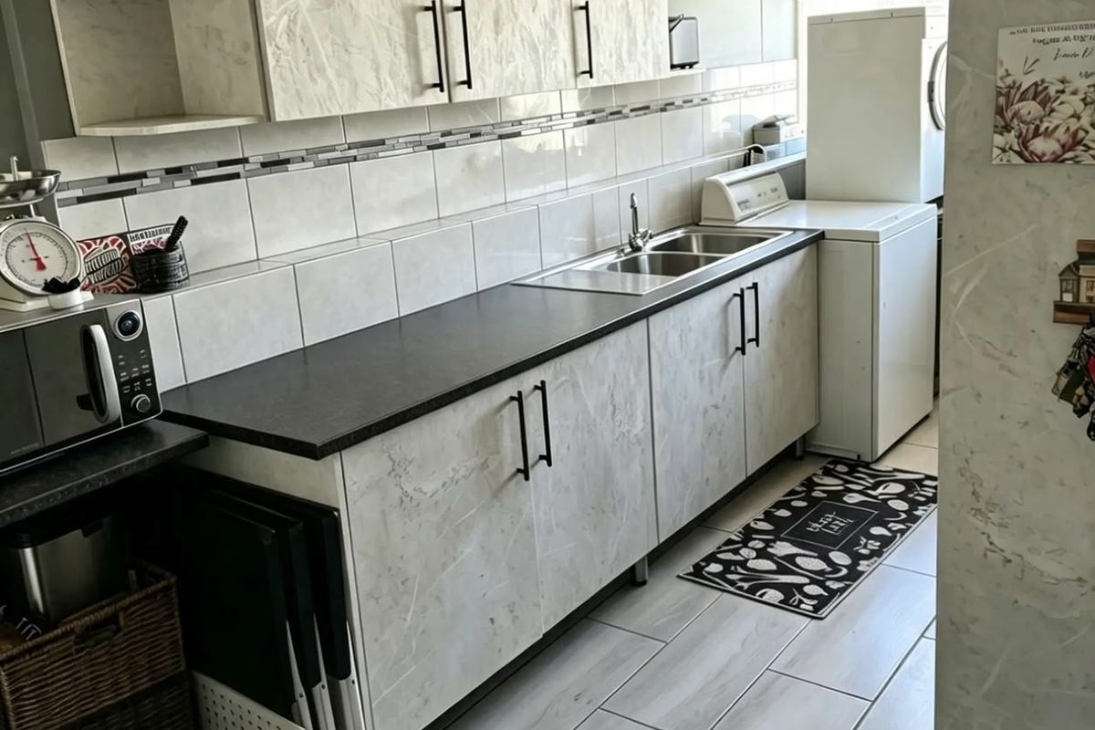 A functional kitchen featuring marble-effect cabinetry, dark countertops, a stainless steel sink, and modern tiled flooring with a clean, neutral aesthetic.
