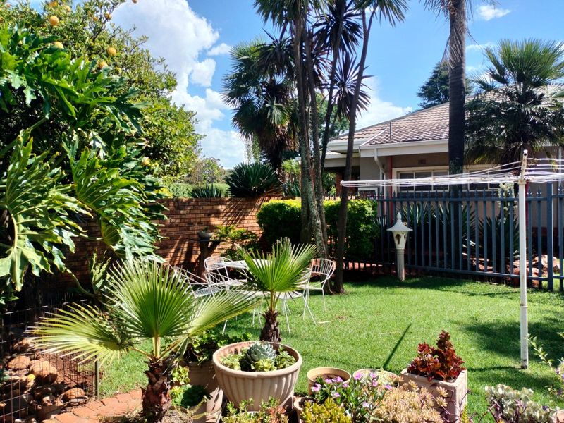 A well-maintained residential garden featuring a lush lawn, mature palm trees, brick boundary walls, and secure metal palisade fencing.